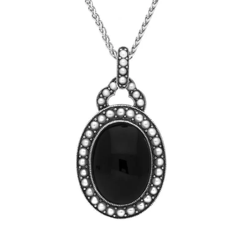 Sterling Silver Whitby Jet Pearl Edged Oval Necklace