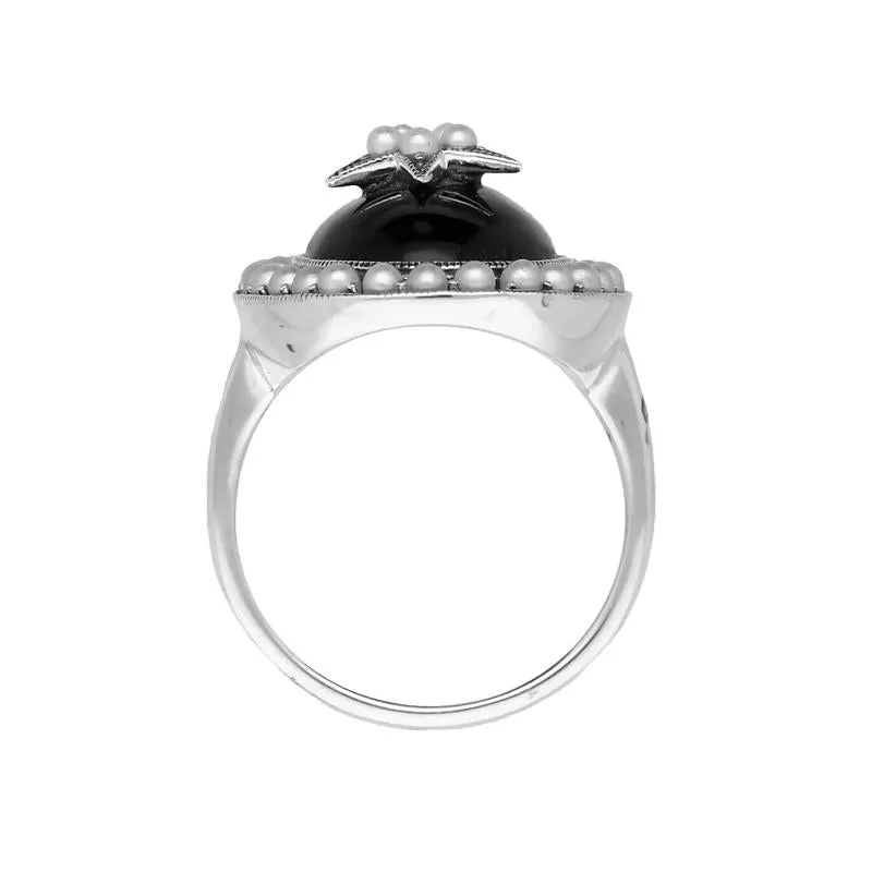 Sterling Silver Whitby Jet Pearl Framed Large Oval Flower Ring