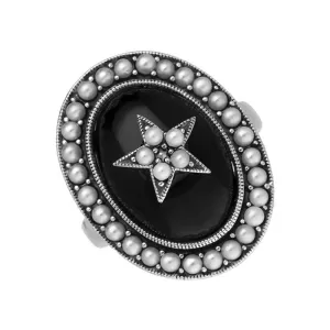 Sterling Silver Whitby Jet Pearl Framed Large Oval Flower Ring