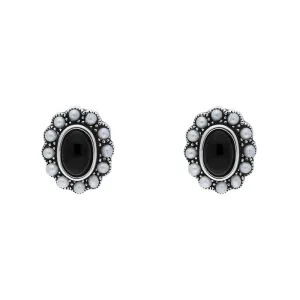 Sterling Silver Whitby Jet Pearl Oval Beaded Edge Stud Earrings