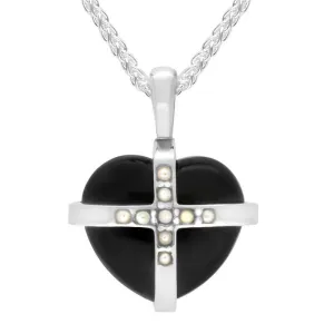 Sterling Silver Whitby Jet Pearl Small Cross Heart Necklace