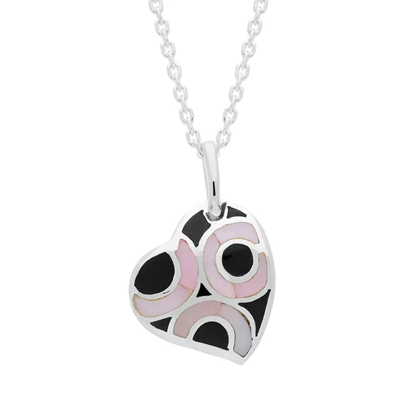 Sterling Silver Whitby Jet Pink Mother of Pearl Heart Necklace D