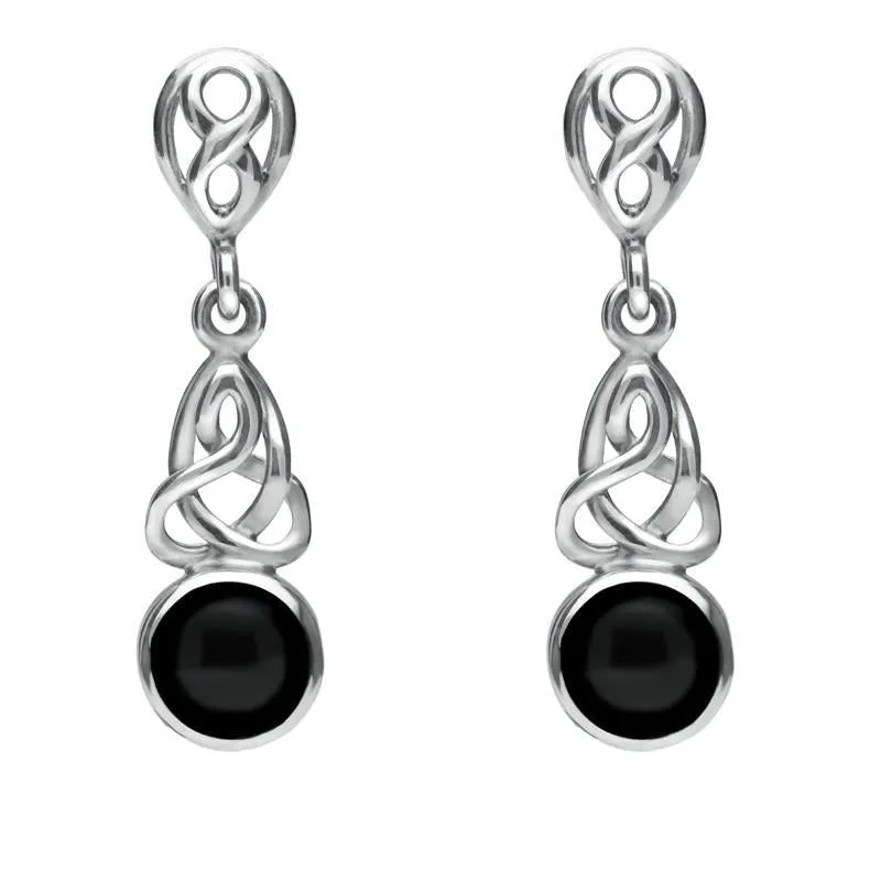 Sterling Silver Whitby Jet Round Celtic Dropper Earrings