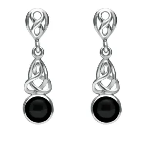 Sterling Silver Whitby Jet Round Celtic Dropper Earrings