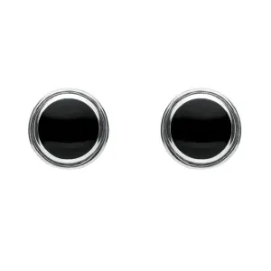 Sterling Silver Whitby Jet Round Plain Edged Stud Earrings