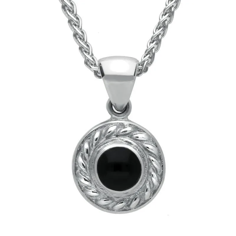 Sterling Silver Whitby Jet Round Rope Edge Necklace