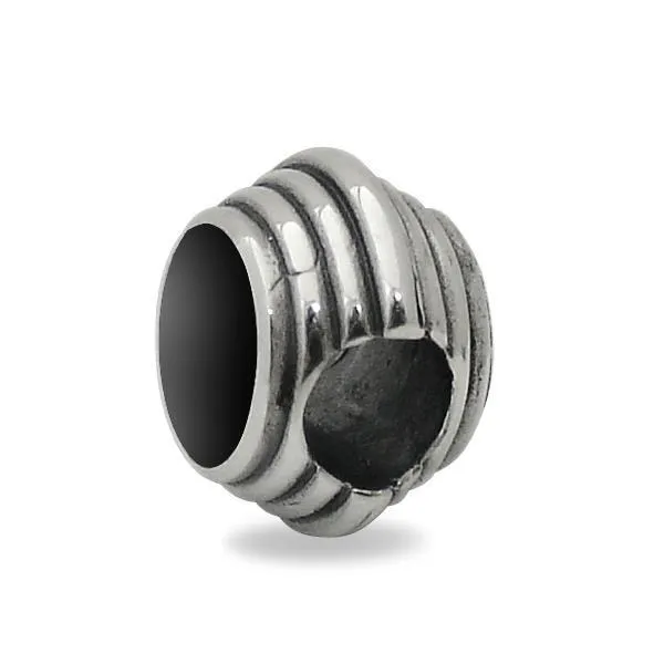 Sterling Silver Whitby Jet Round Stone Ribbed Charm