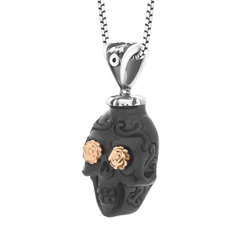 Sterling Silver Whitby Jet Skull Unique Pendant with 9ct Gold Eyes D