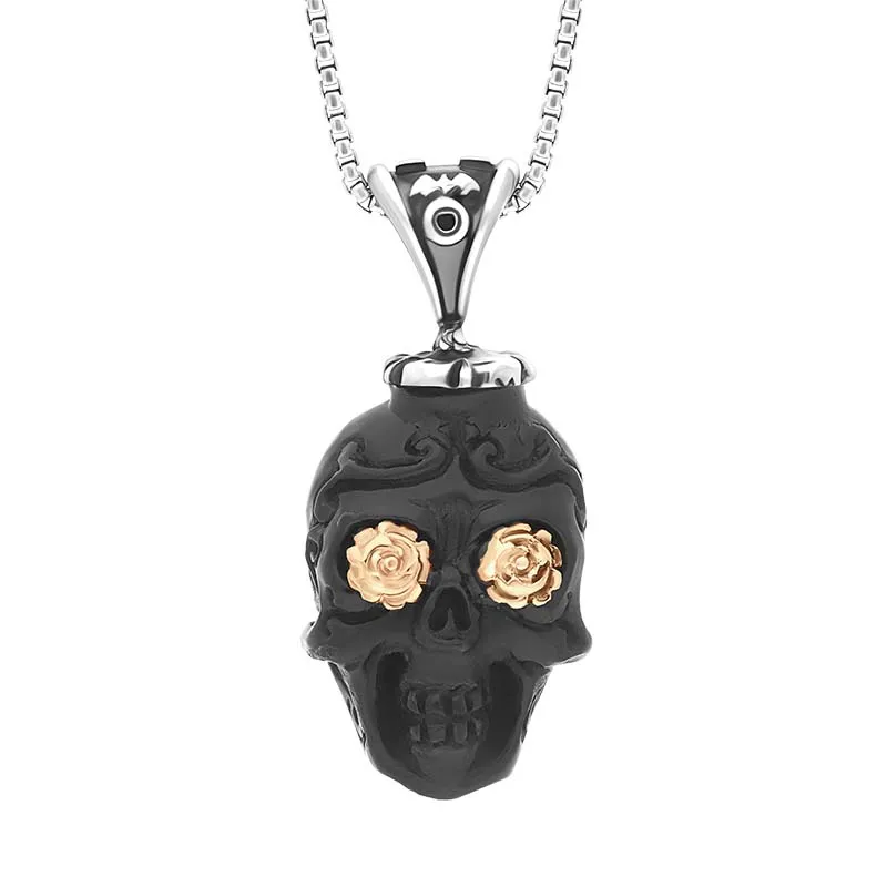 Sterling Silver Whitby Jet Skull Unique Pendant with 9ct Gold Eyes D