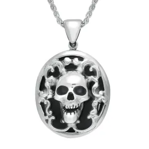 Sterling Silver Whitby Jet Small Oval Skull Necklace