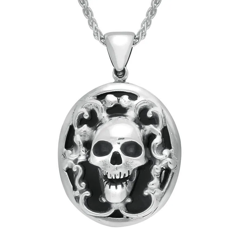Sterling Silver Whitby Jet Small Oval Skull Necklace