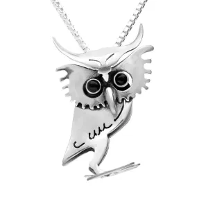 Sterling Silver Whitby Jet Small Three Dimensional Owl Necklace