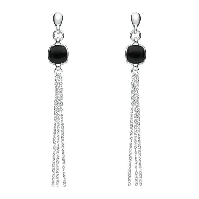 Sterling Silver Whitby Jet Square Chain Drop Earrings