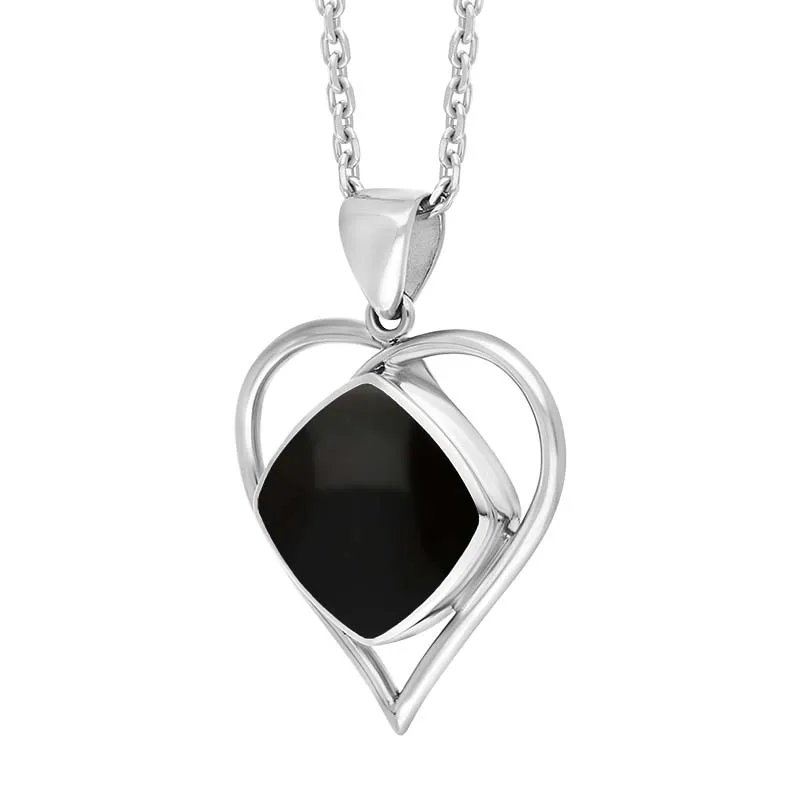 Sterling Silver Whitby Jet Square Heart Open Frame Necklace