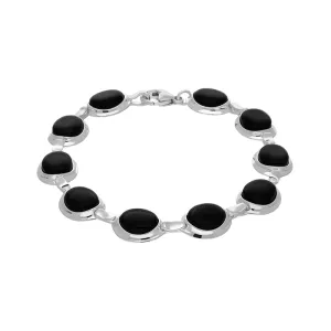 Sterling Silver Whitby Jet Ten Stone Oval Link Bracelet