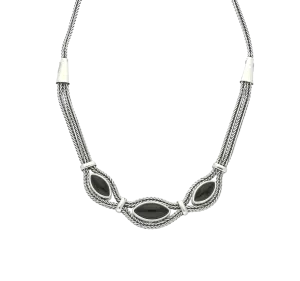 Sterling Silver Whitby Jet Three Stone Marquise Foxtail Necklace D