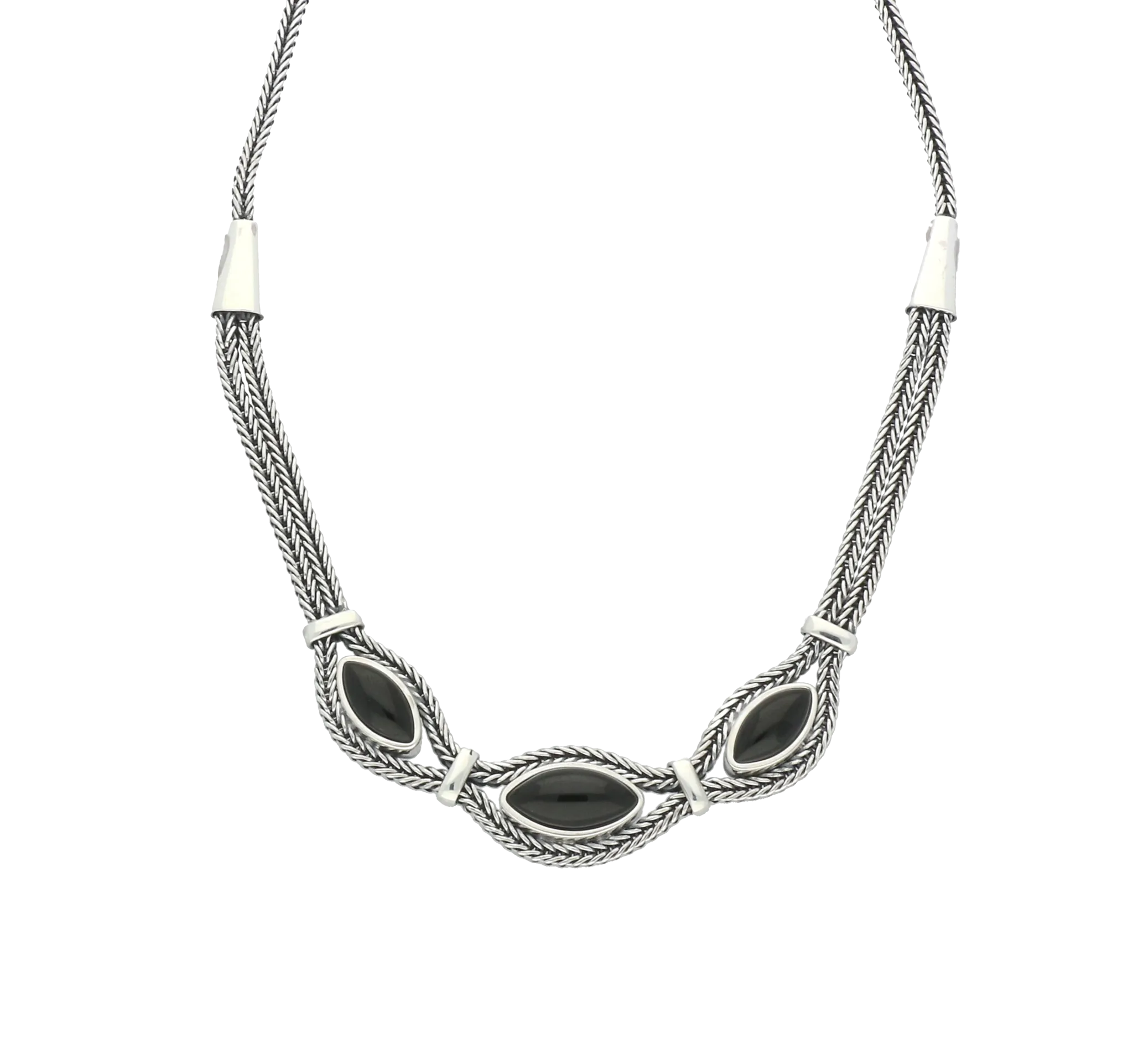Sterling Silver Whitby Jet Three Stone Marquise Foxtail Necklace D