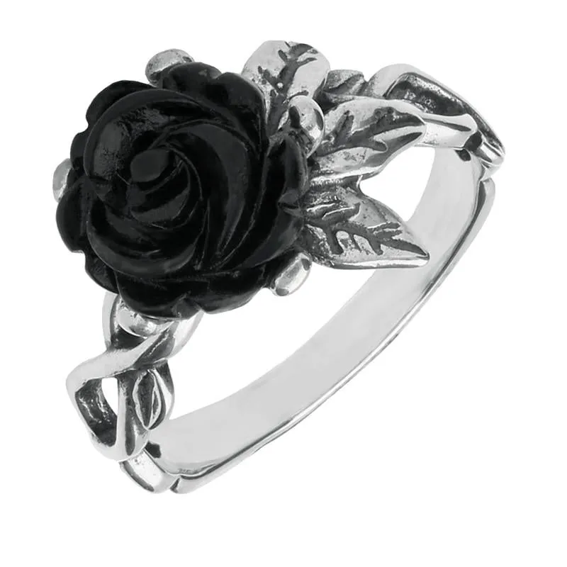 Sterling Silver Whitby Jet Tuberose 10mm Rose Leaf Twist Ring