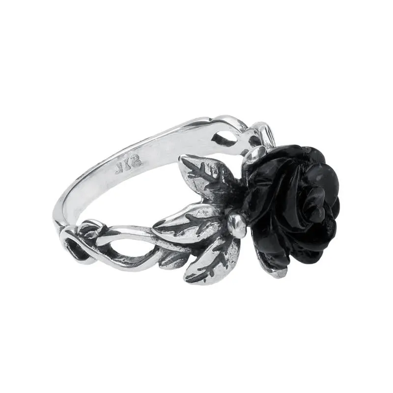 Sterling Silver Whitby Jet Tuberose 10mm Rose Leaf Twist Ring