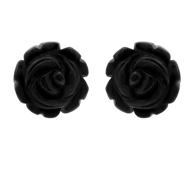 Sterling Silver Whitby Jet Tuberose 10mm Rose Stud Earrings