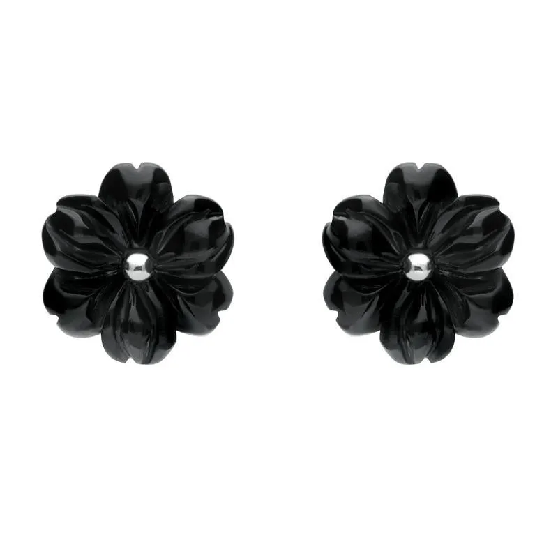 Sterling Silver Whitby Jet Tuberose 12mm Flower Stud Earrings