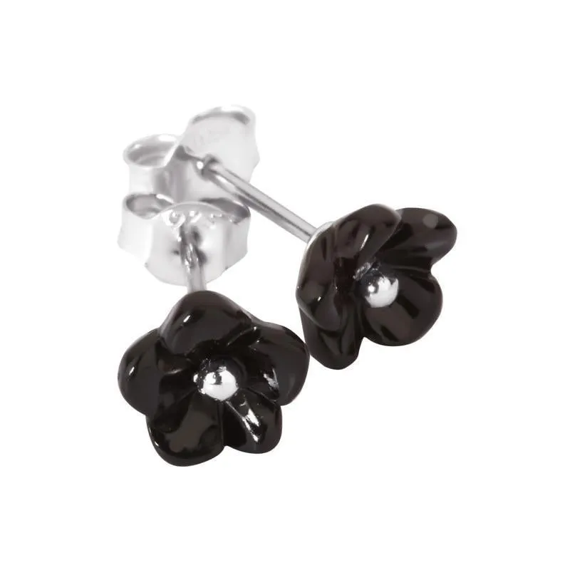 Sterling Silver Whitby Jet Tuberose 8mm Flower Stud Earrings