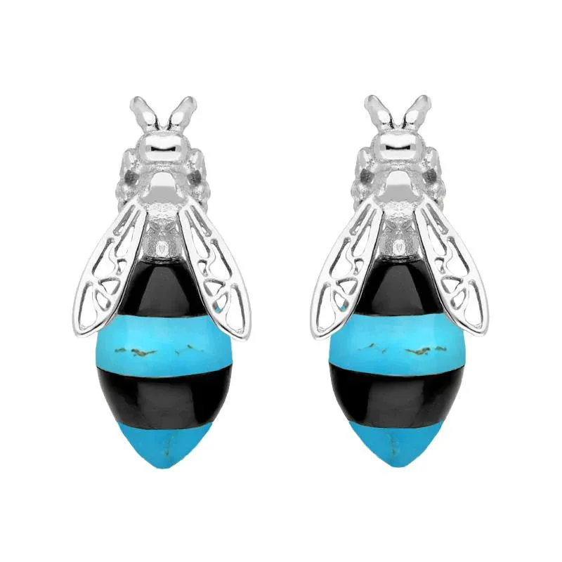 Sterling Silver Whitby Jet Turquoise Bee Stud Earrings
