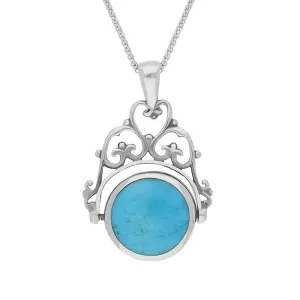 Sterling Silver Whitby Jet Turquoise Double Sided Round Swivel Fob Necklace