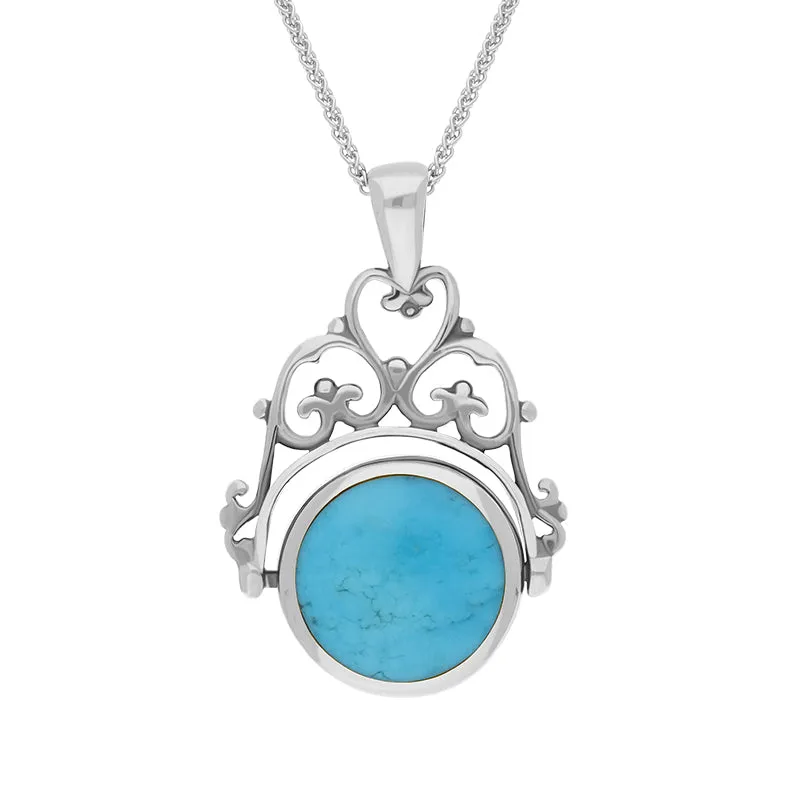 Sterling Silver Whitby Jet Turquoise Double Sided Round Swivel Fob Necklace