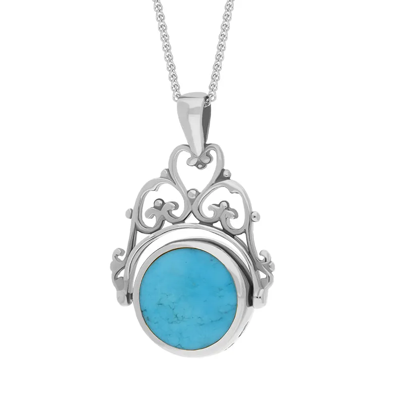 Sterling Silver Whitby Jet Turquoise Double Sided Round Swivel Fob Necklace