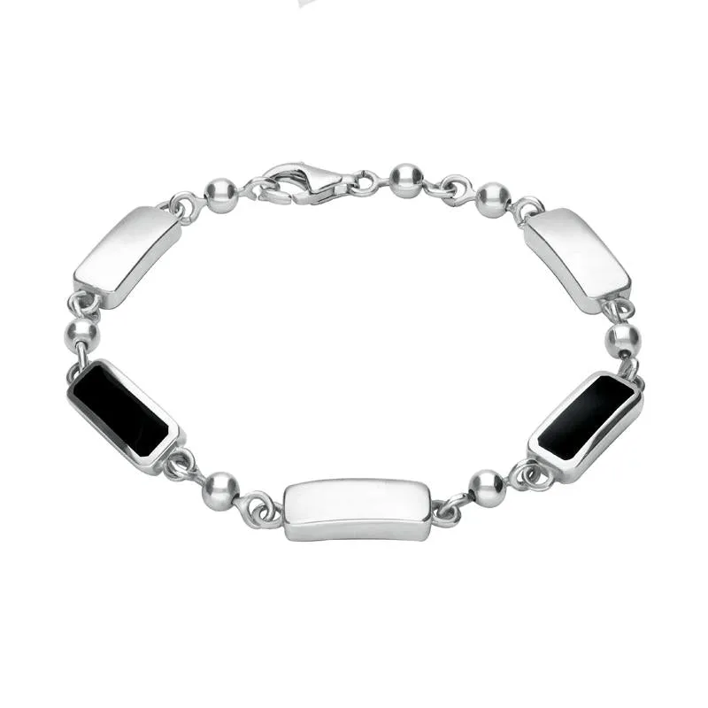 Sterling Silver Whitby Jet Two Stone Oblong Bar Bracelet