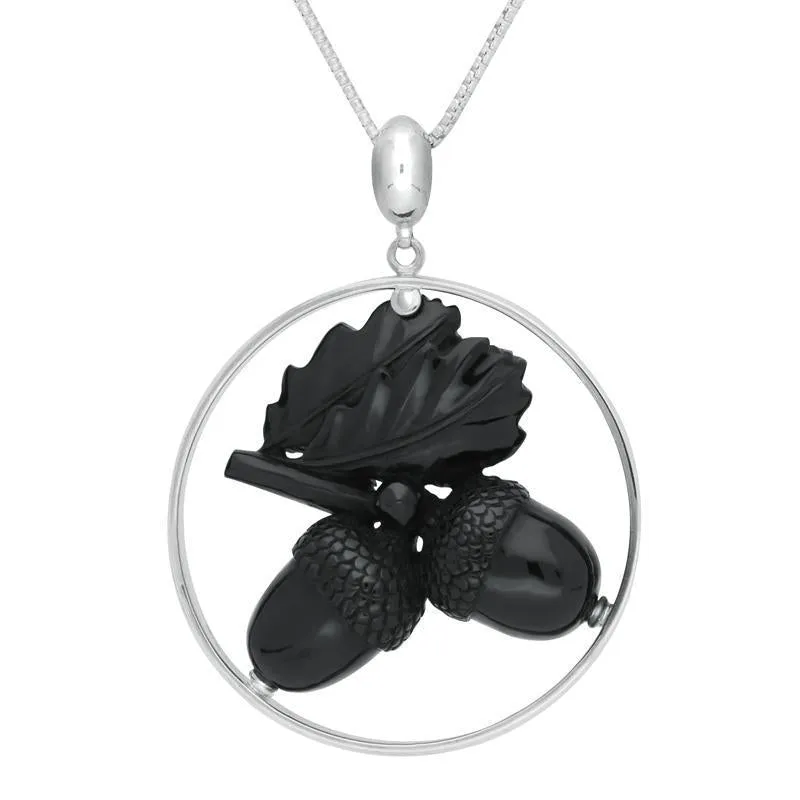 Sterling Silver Whitby Jet Unique Acorn Round Necklace