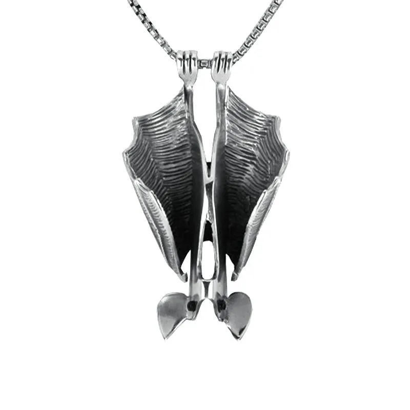 Sterling Silver Whitby Jet Upside Hanging Down Bat Large Necklace