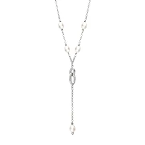 Sterling Silver White Pearl Five Stone Double Oval Drop Necklace D