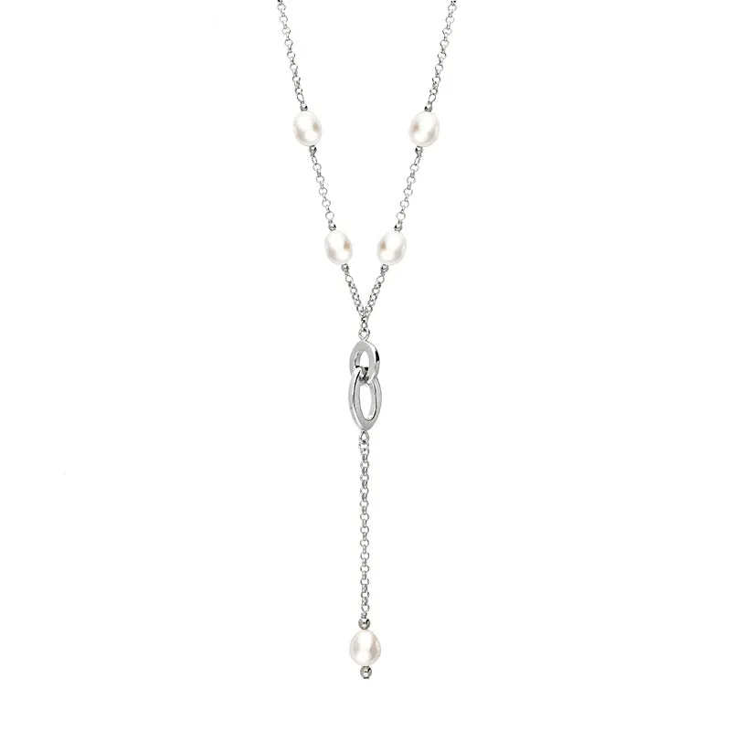 Sterling Silver White Pearl Five Stone Double Oval Drop Necklace D