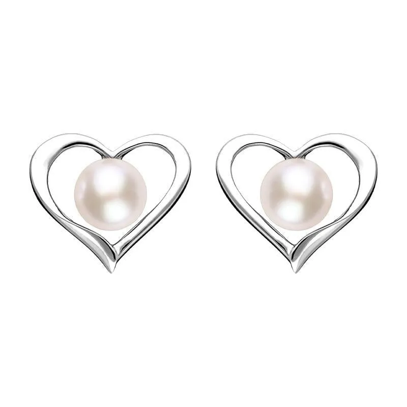 Sterling Silver White Pearl Open Heart Stud Earrings