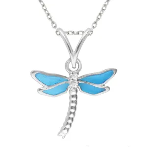 Sterling Silver White Sapphire Blue Enamel Style & Fashion Dragonfly Necklace
