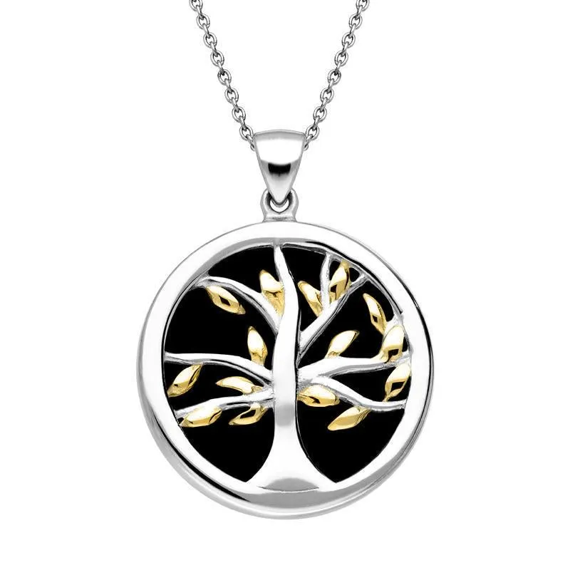 Sterling Silver Yellow Gold Plate Whitby Jet Medium Round Tree of Life Two Piece Set