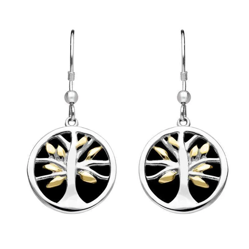 Sterling Silver Yellow Gold Plate Whitby Jet Medium Round Tree of Life Two Piece Set