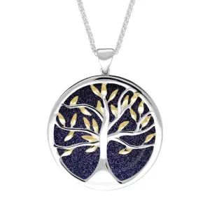 Sterling Silver Yellow Gold Plated Blue Goldstone Large Round Tree of Life Necklace
