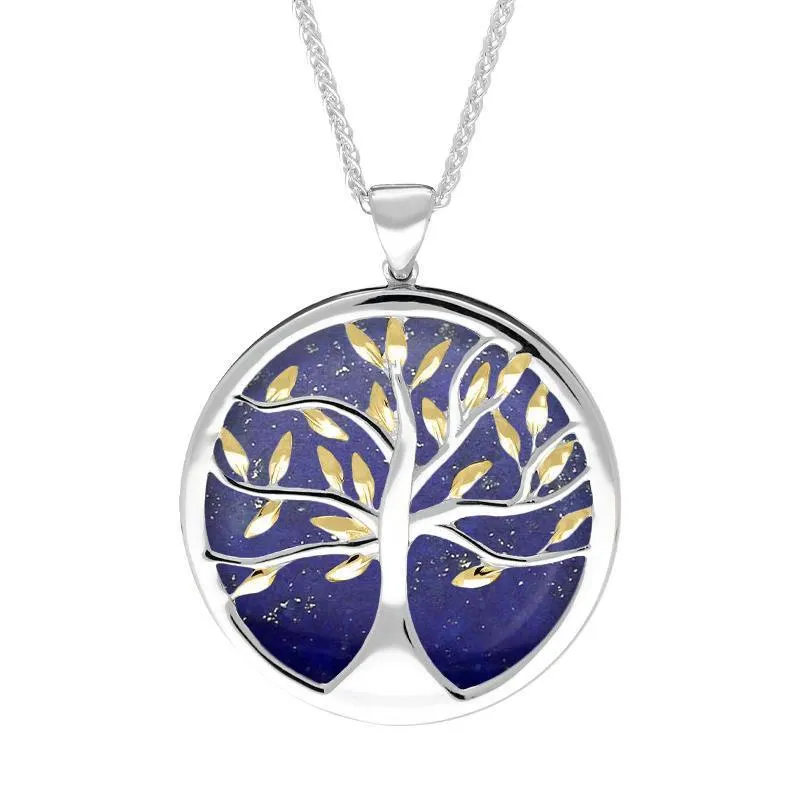 Sterling Silver Yellow Gold Plated Lapis Lazuli Large Round Tree of Life Necklace