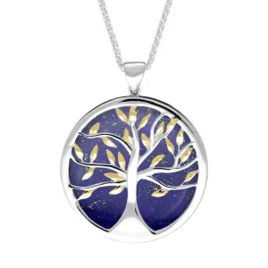 Sterling Silver Yellow Gold Plated Lapis Lazuli Large Round Tree of Life Necklace