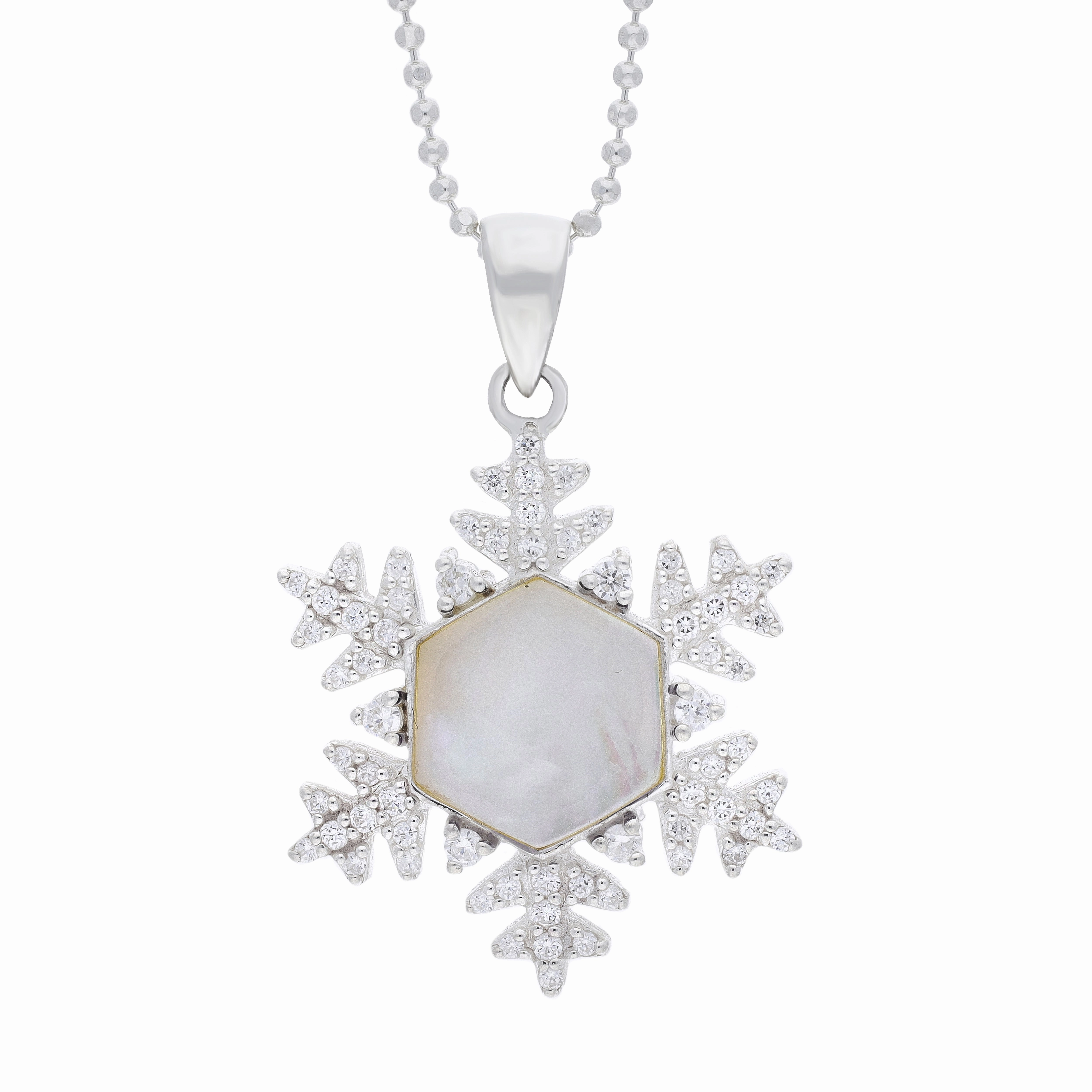 Sterling Silver 30mm Cubic Zirconia & White Mother of Pearl Snowflake Pendant