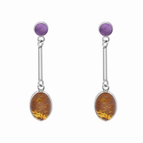 Sterling Silver Amber Amethyst Drop Earrings D