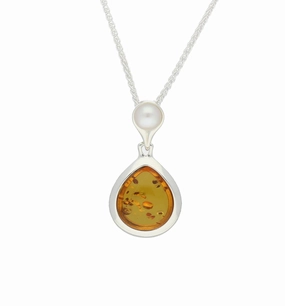 Sterling Silver Amber and Pearl Necklace