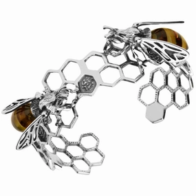 Sterling Silver Amber Bee and Honeycomb Bangle
