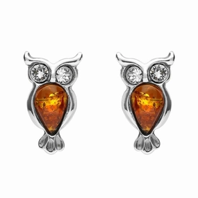 Sterling Silver Amber Cubic Zirconia Owl Stud Earrings