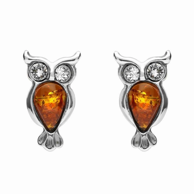 Sterling Silver Amber Cubic Zirconia Owl Stud Earrings