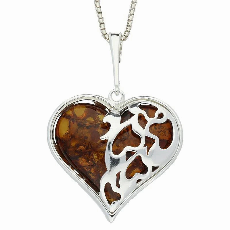 Sterling Silver Amber Encased Large Heart Necklace