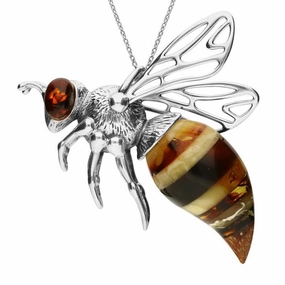 Sterling Silver Amber Large Honey Bee Necklace
